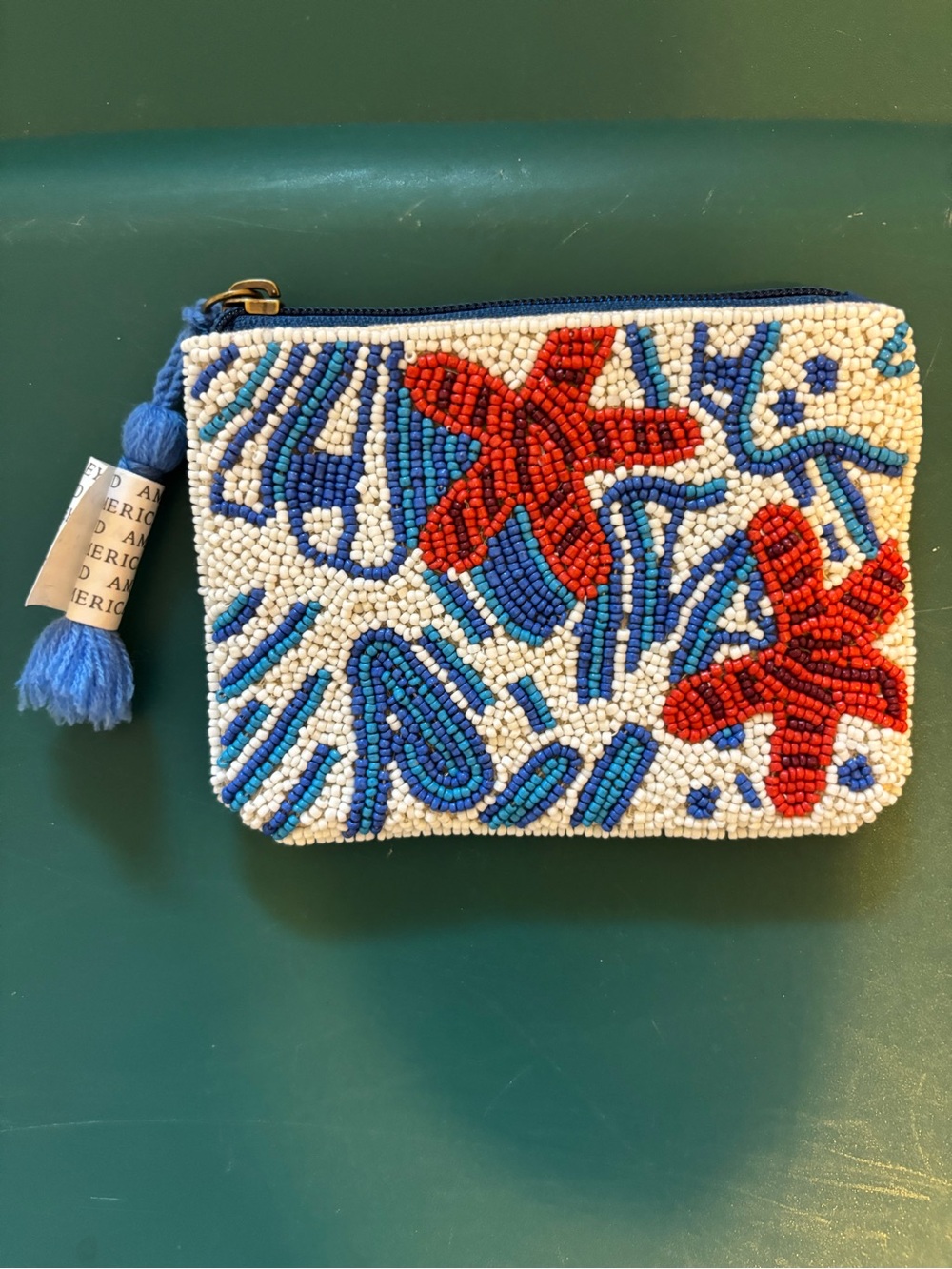 Beaded Starfish Coin Pouch - Blue, Red & White - America & Beyond - never used